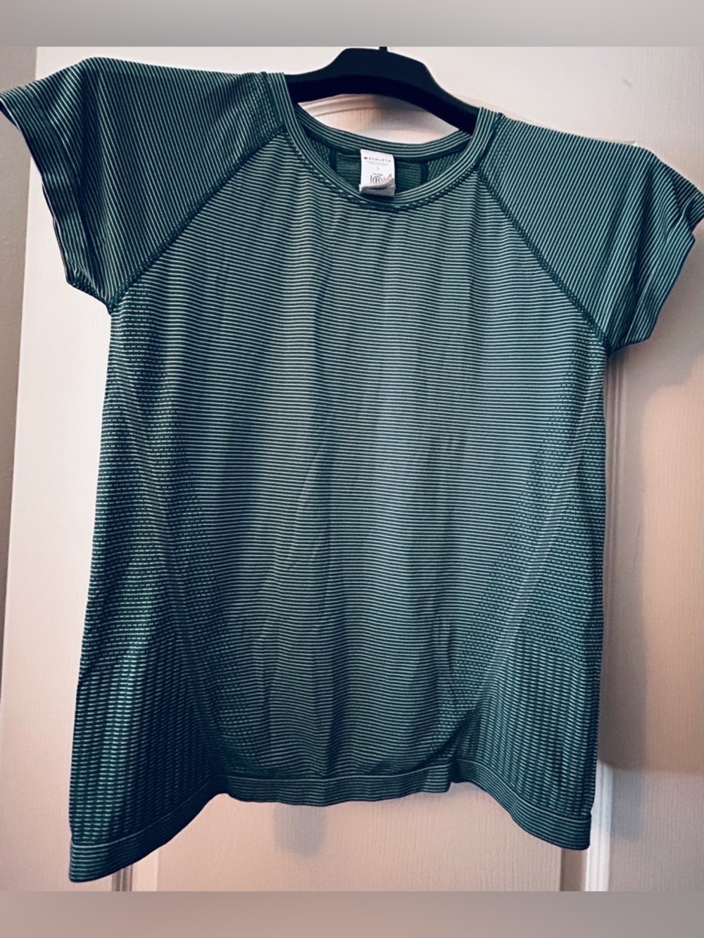 Athleta Green and White Striped Short Sleeve Performance Tee